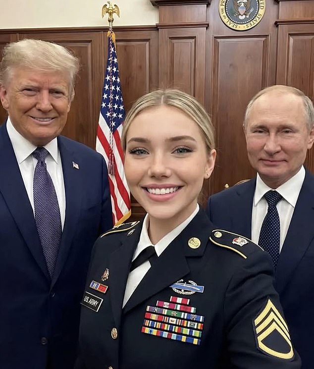 The digital blonde was 'spotted' everywhere, from high-level diplomatic summits with Russian President Vladimir Putin and Ukrainian leader Volodymyr Zelensky. (This photo is AI-generated)