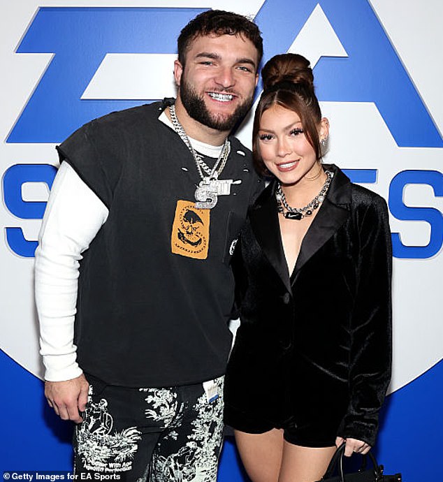 Cam Skattebo with girlfriend Chloe Rodriguez at the Madden Bowl event.