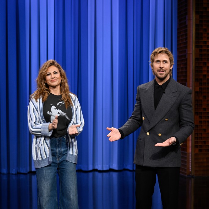 Eva Mendes (pictured above alongside Ryan Gosling on Thursday's episode of "The Tonight Show Starring Jimmy Fallon") gushed about "my man" Ryan Gosling after he surprised her with a sweet birthday serenade on Thursday. - Todd Owyoung/NBC via Getty Images