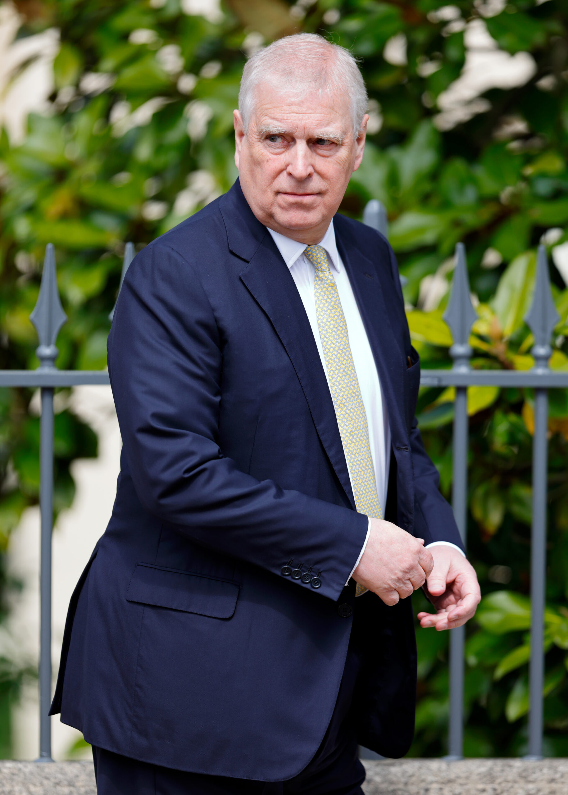 Prince Andrew, Duke of York, in a navy suit and yellow patterned tie, attending the Easter Sunday Mattins Service.