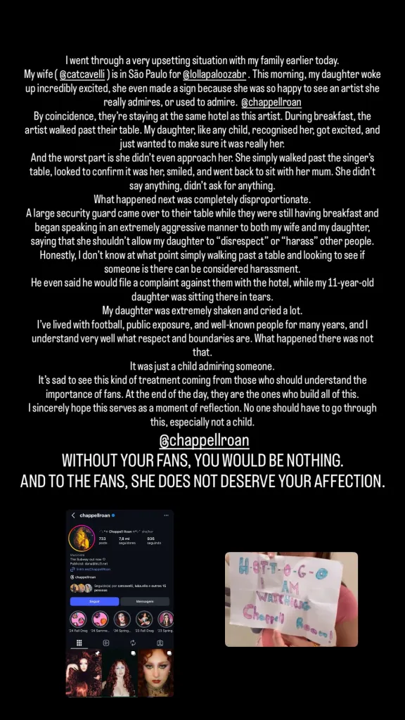 Screenshots of Jorginho Frello's Instagram Story criticizing the treatment of Catherine Harding and her daughter Ada, alongside Ada's handmade sign for Chappell Roan.