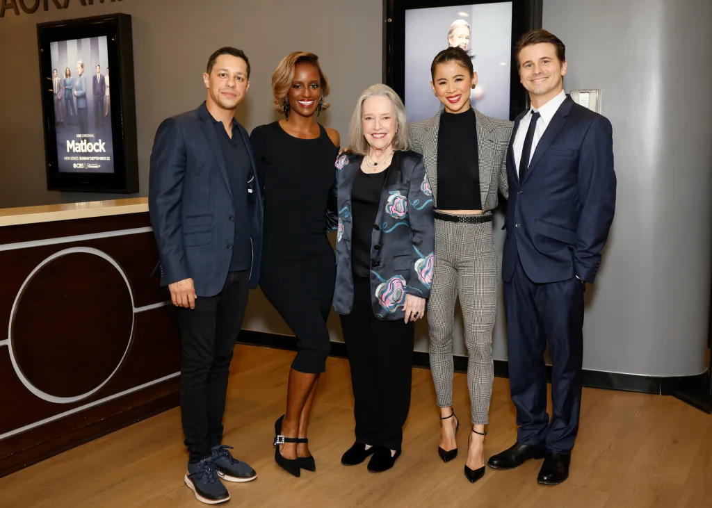 The cast of Matlock, David Del Rio, Skye P. Marshall, Kathy Bates, Leah Lewis, and Jason Ritter, at a FYC event.