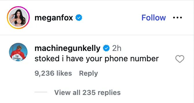 Screenshot of MGK commenting 'Stoked i have your phone number' on Megan Fox's Instagram post.