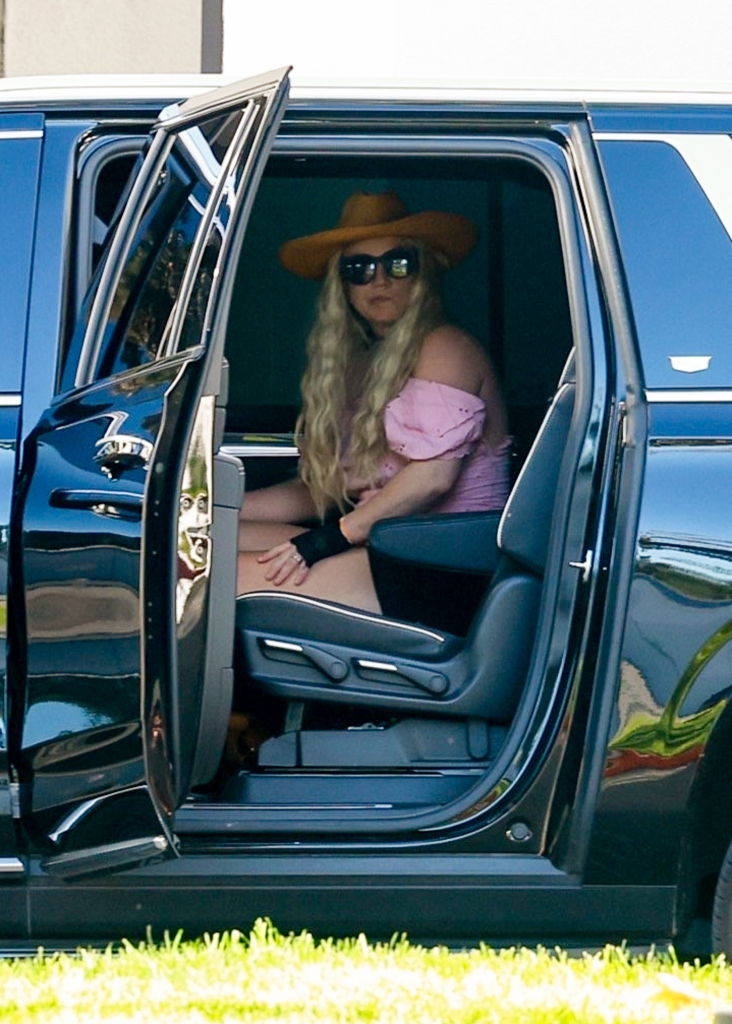 Britney Spears exiting a private jet in Los Angeles, wearing a wide-brim hat, sunglasses, a pink off-shoulder top, and black shorts.