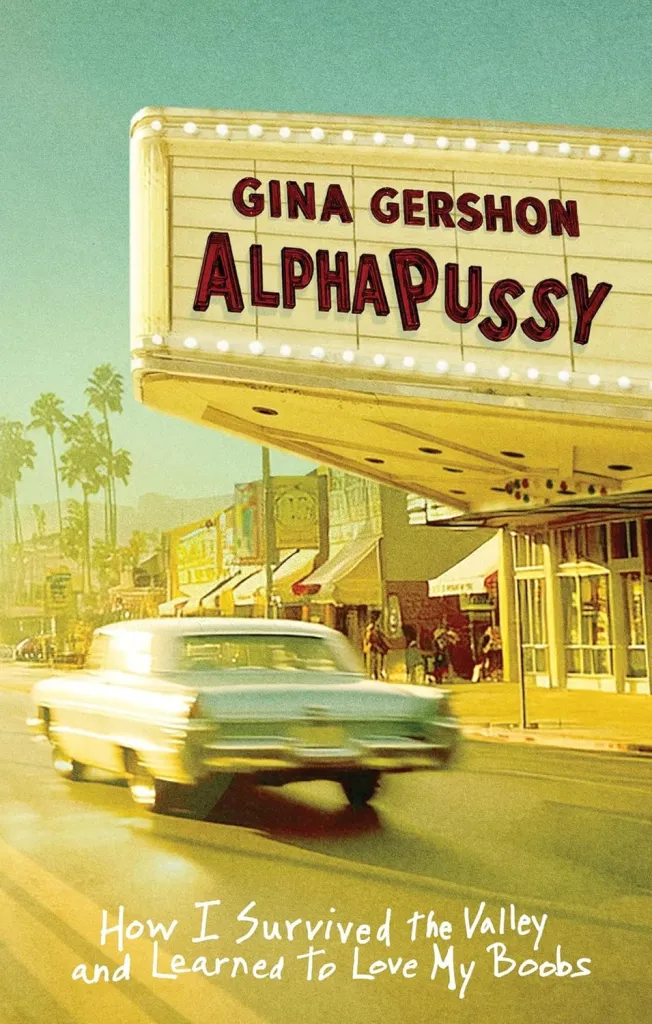 Illustration of the "AlphaPussy" book cover featuring a marquee with the author and title above a street scene with a moving car and palm trees.