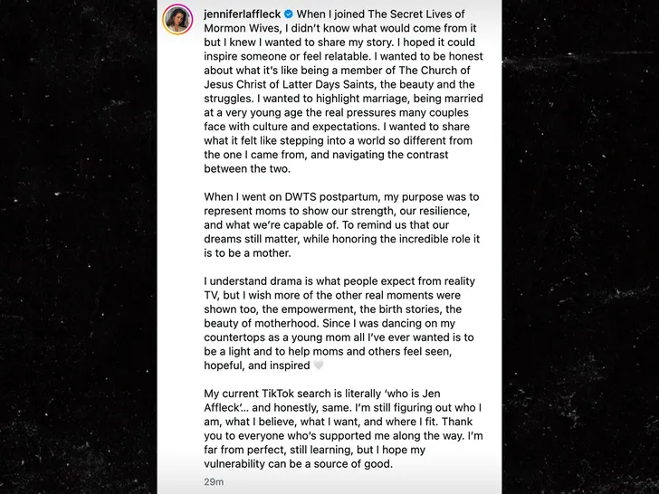 Screenshot of Jennifer Affleck's Instagram statement emphasizing empowerment, birth stories, and the beauty of motherhood.