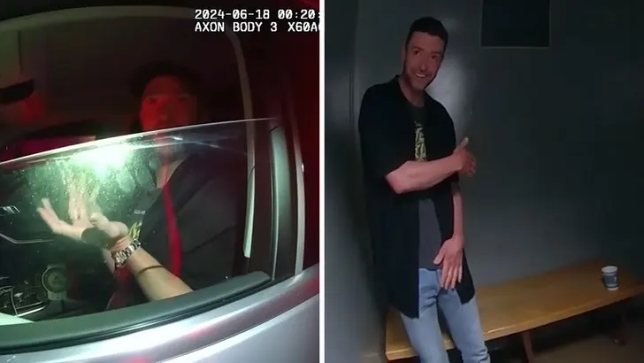 Body-cam still from Justin Timberlake's 2024 Sag Harbor DWI arrest