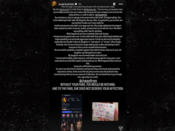 Screenshot of Jorginho's Instagram Story addressing his daughter's encounter at a hotel.