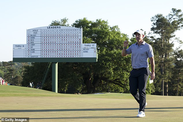 Rory McIlroy walks on the 18th green during the 2026 Masters at Augusta National.