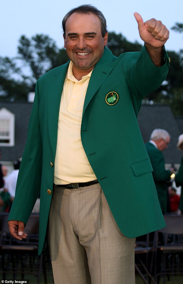 Angel Cabrera celebrating in the Green Jacket after his 2009 Masters win