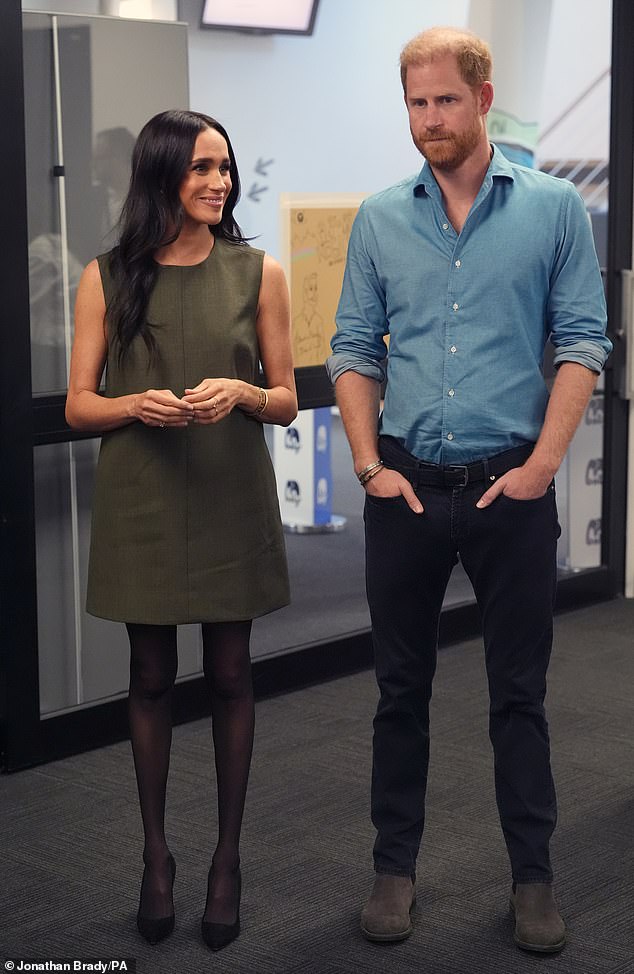 Meghan Markle wearing the Friends With Frank 'Anya' olive mini dress at a mental health engagement center in Australia