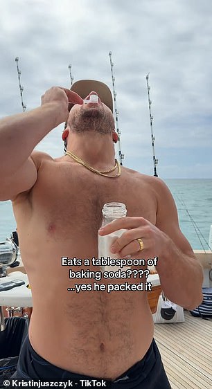 Kyle Juszczyk taking a spoonful of baking soda on a fishing trip