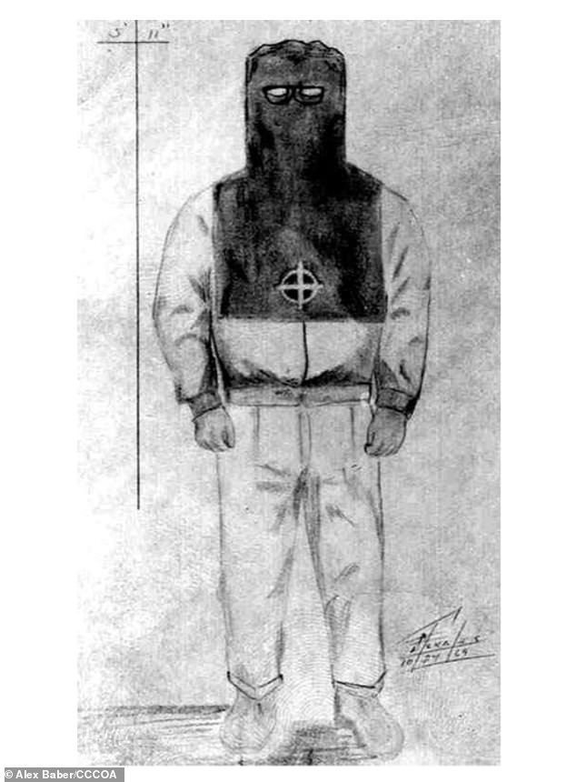 Police sketch of the Zodiac Killer wearing a hood with a crosshair symbol.
