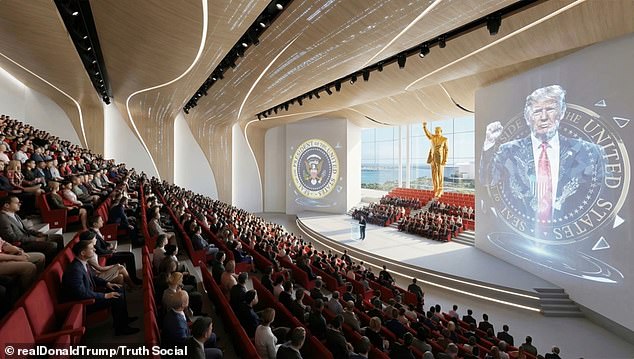 A gold statue of President Donald Trump can be seen from an auditorium space in the future Trump presidential library in downtown Miami, Florida, according to an AI-generated video shared last week