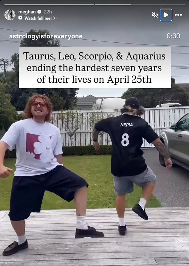 Instagram Story Meghan reshared: two men dancing with caption about Taurus, Leo, Scorpio and Aquarius ending the hardest seven years on April 25