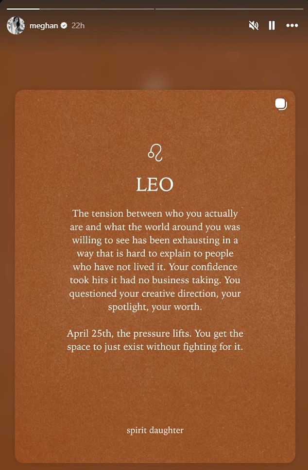 Instagram Story text card about Leos 'about to exhale for the first time in seven years' that Meghan reposted