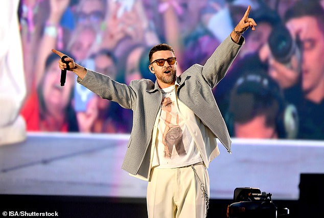 Justin Timberlake performing on his Forget Tomorrow world tour in May 2025