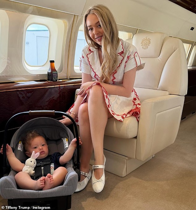 Tiffany Trump with Alexander on a private plane; he clutches a white stuffed bunny