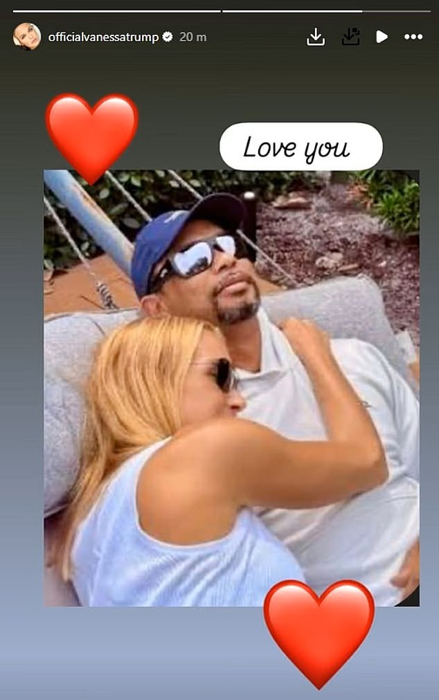 Vanessa Trump's Instagram story showing her hugging Tiger Woods with the caption 'love you'