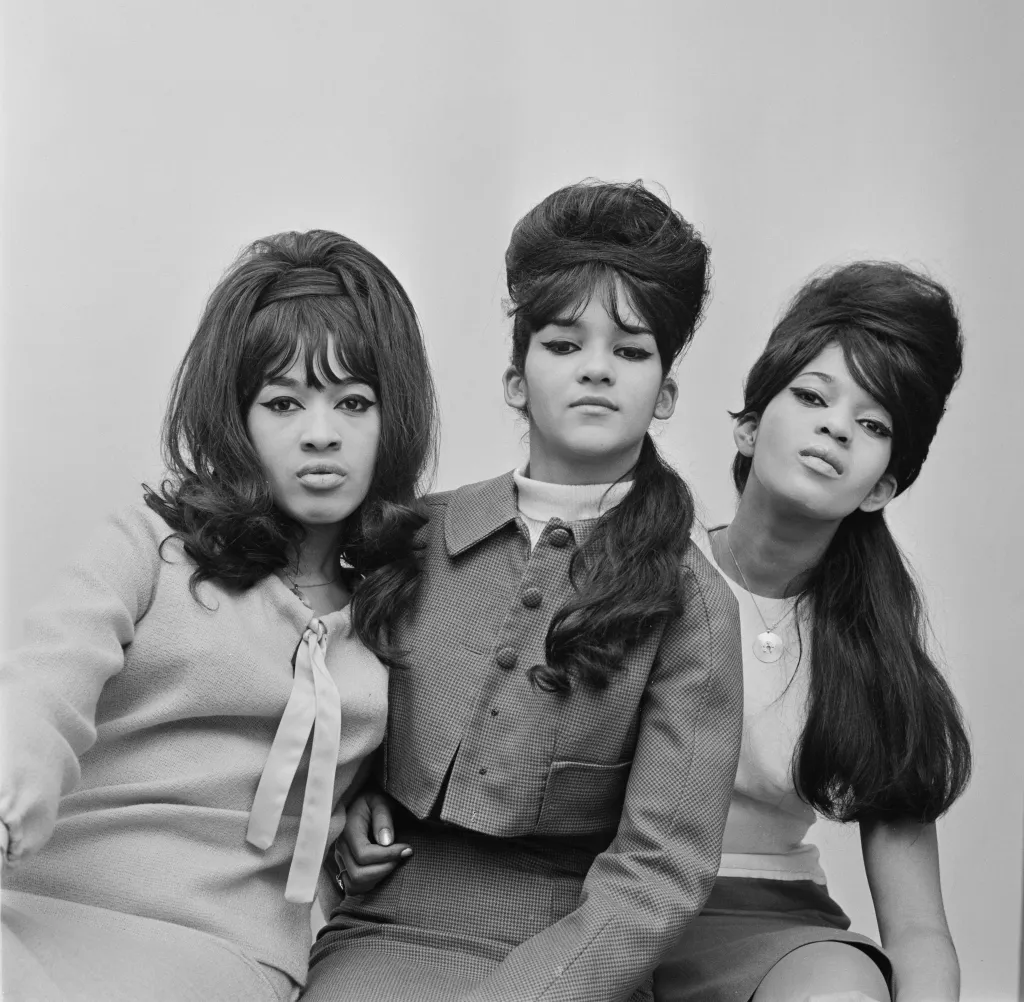 The Ronettes-Ronnie Spector, Nedra Talley, and Estelle Bennett-performing on television in 1964.