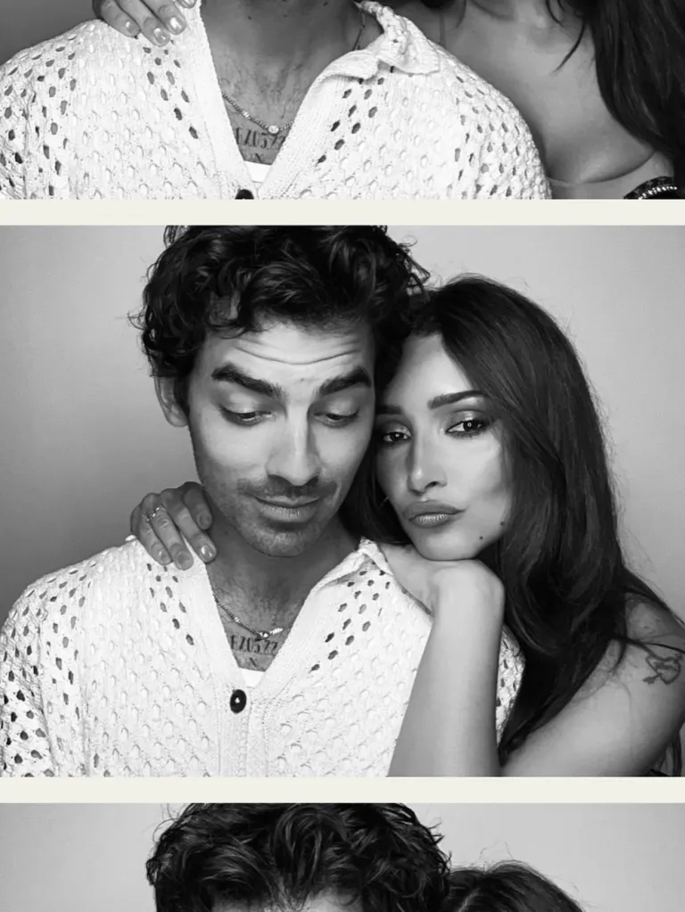 Black and white photo of Joe Jonas and Tatiana Gabriela posing together.