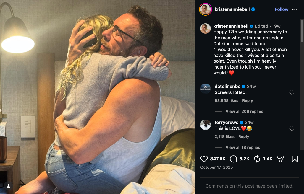Kristen Bell and Dax Shepard embrace in the Instagram anniversary post that later drew backlash.