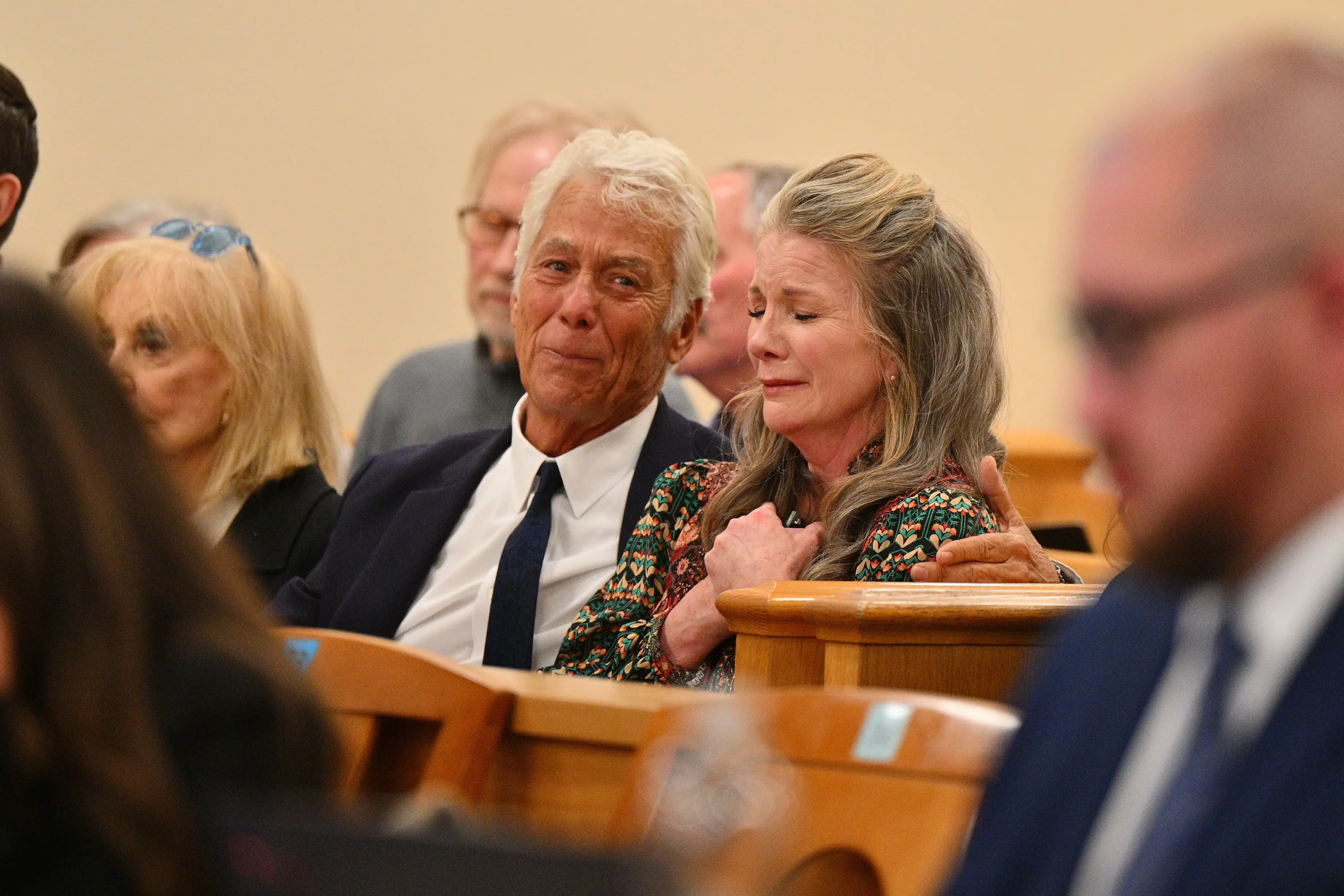 Melissa Gilbert reacts alongside attorney Larry Stein after a judge granted Timothy Busfield pretrial release.