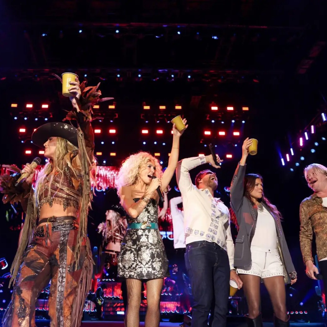 (L-R) Riley Green, Lainey Wilson and Kimberly Schlapman, Jimi Westbrook, Karen Fairchild and Phillip Sweet of Little Big Town perform at Stagecoach Festival on April 25, 2026 in Indio, CA. - John Shearer/Getty Images for Stagecoach
