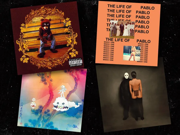 Collage of Kanye West album covers representing his early catalog.