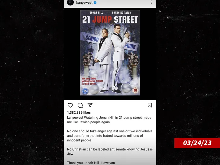 Screenshot of Kanye West's Instagram post referencing 21 Jump Street and Jonah Hill.
