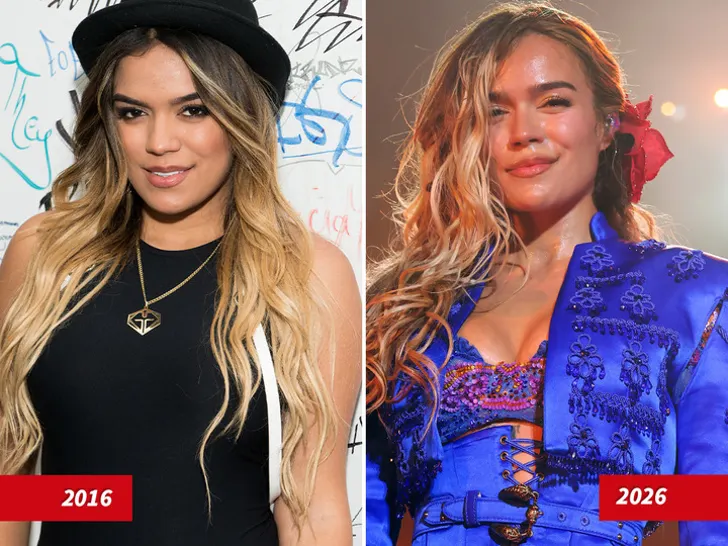 TMZ side-by-side composite showing Karol G earlier in her career next to a recent festival look, used in a 'Good Genes or Good Docs?!' poll.