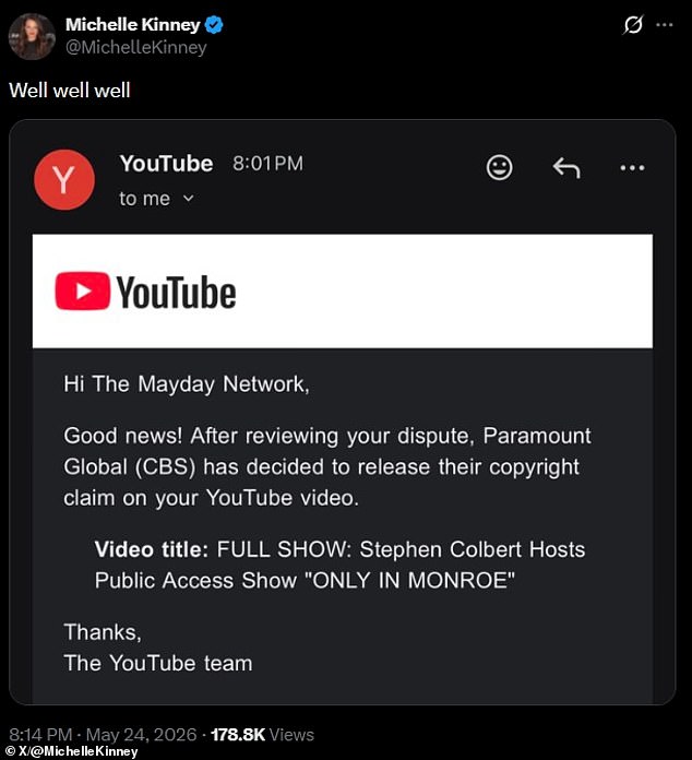 Screenshot of a YouTube copyright claim release notice shared after CBS reversed course.