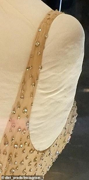 Detail of Marilyn Monroe's gown at Ripley's showing a visible tear on the back right strap (as alleged in post-gala images)