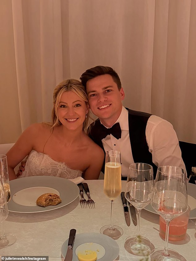 Bride Ava Sambora and groom Tyler Farrar pose together on their wedding day in Montecito