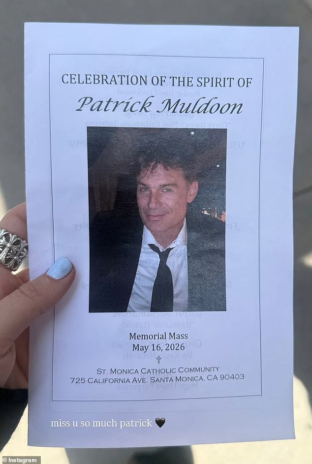 Memorial program for Patrick Muldoon at St. Monica Catholic Church, as shared by Sami Sheen