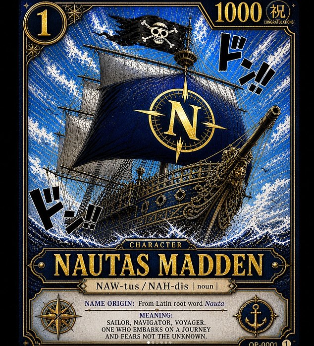 Benji Madden's Instagram graphic with a ship illustration and the meaning of their baby's name, Nautas.