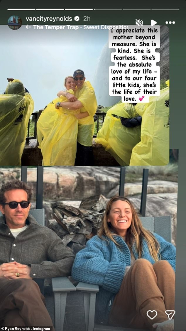 Ryan Reynolds' Mother's Day Instagram Story showing two candid snaps with Blake Lively, including matching yellow ponchos at Niagara Falls.
