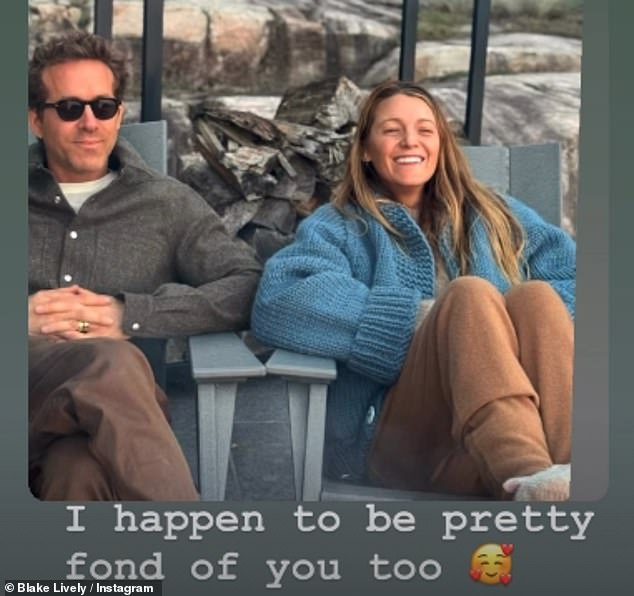Blake Lively reposts Ryan Reynolds' tribute with the caption 'I happen to be pretty fond of you too' over a relaxed photo of the couple.