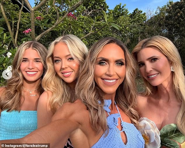 Kai, Tiffany, Lara, and Ivanka Trump pose together during the wedding weekend in the Bahamas