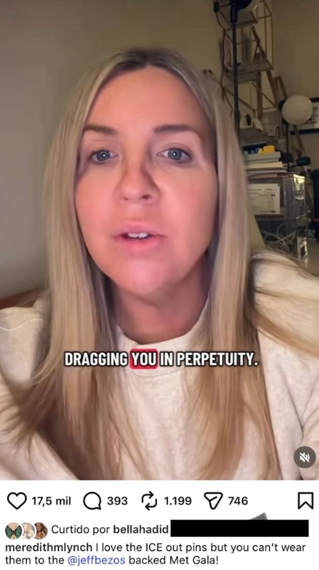 Screenshot of Meredith Lynch's Instagram video that Bella Hadid liked, criticizing stars attending a Bezos-backed Met Gala