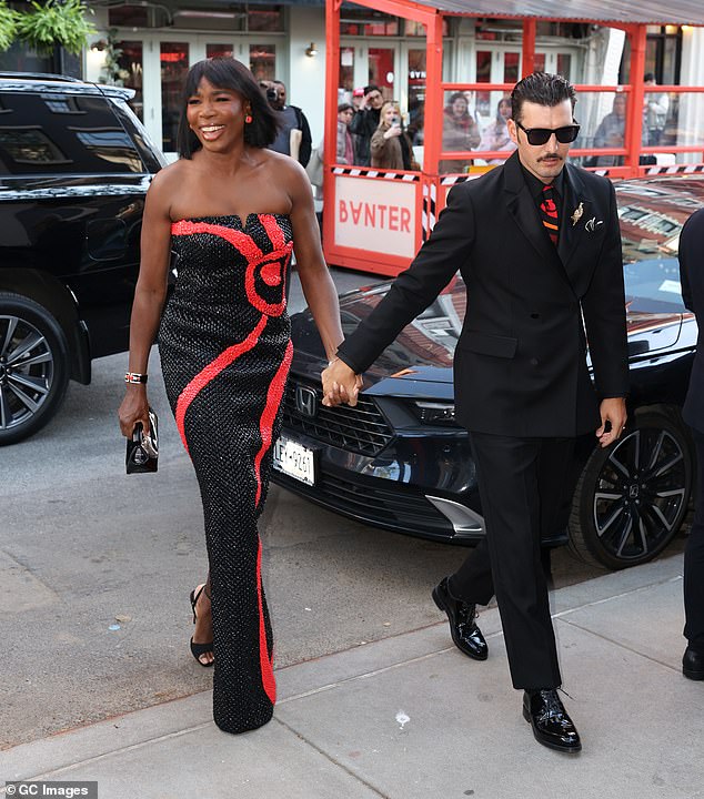 Venus Williams in a sleeveless beaded black-and-red gown at the pre-Met Gala dinner