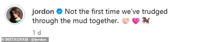 Screenshot of Jordon Hudson's Instagram caption about trudging through the mud together during Derby weekend.
