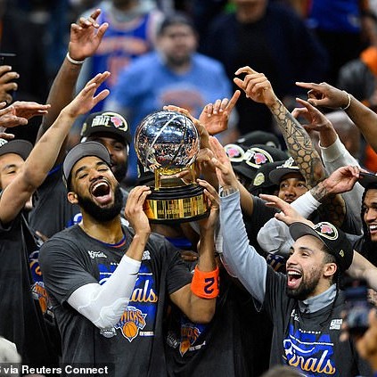 Pictured: The New York Knicks raise the NBA Eastern Conference Championship for the first time since 1999 on May 25 - Daily Mail US