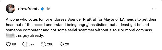 Screenshot of a Threads post by Drew Carey criticizing Spencer Pratt's mayoral bid