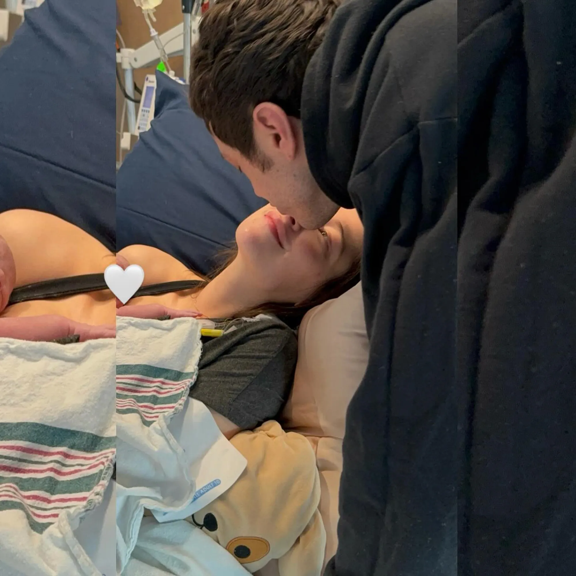 Pete Davidson kisses Elsie Hewitt's forehead as she holds their newborn in a hospital bed.