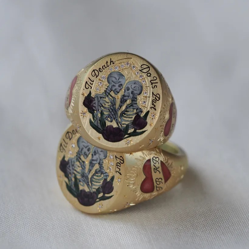 The couple turned to British jeweler Cece Fein-Hughes of Cece Jewellery for bespoke signet rings. - Courtesy of Cece Jewellery