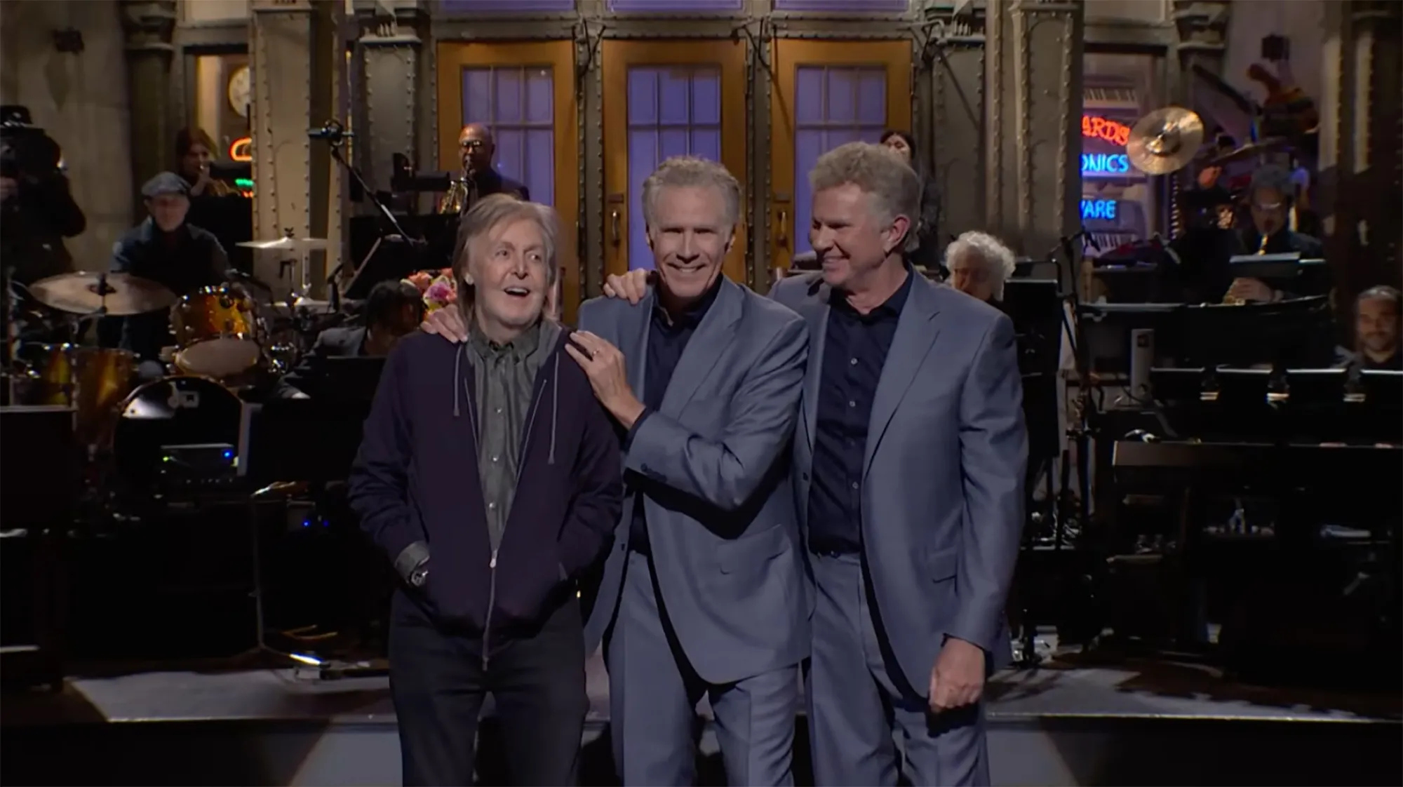 Paul McCartney with Will Ferrell and Chad Smith during the SNL cold open.