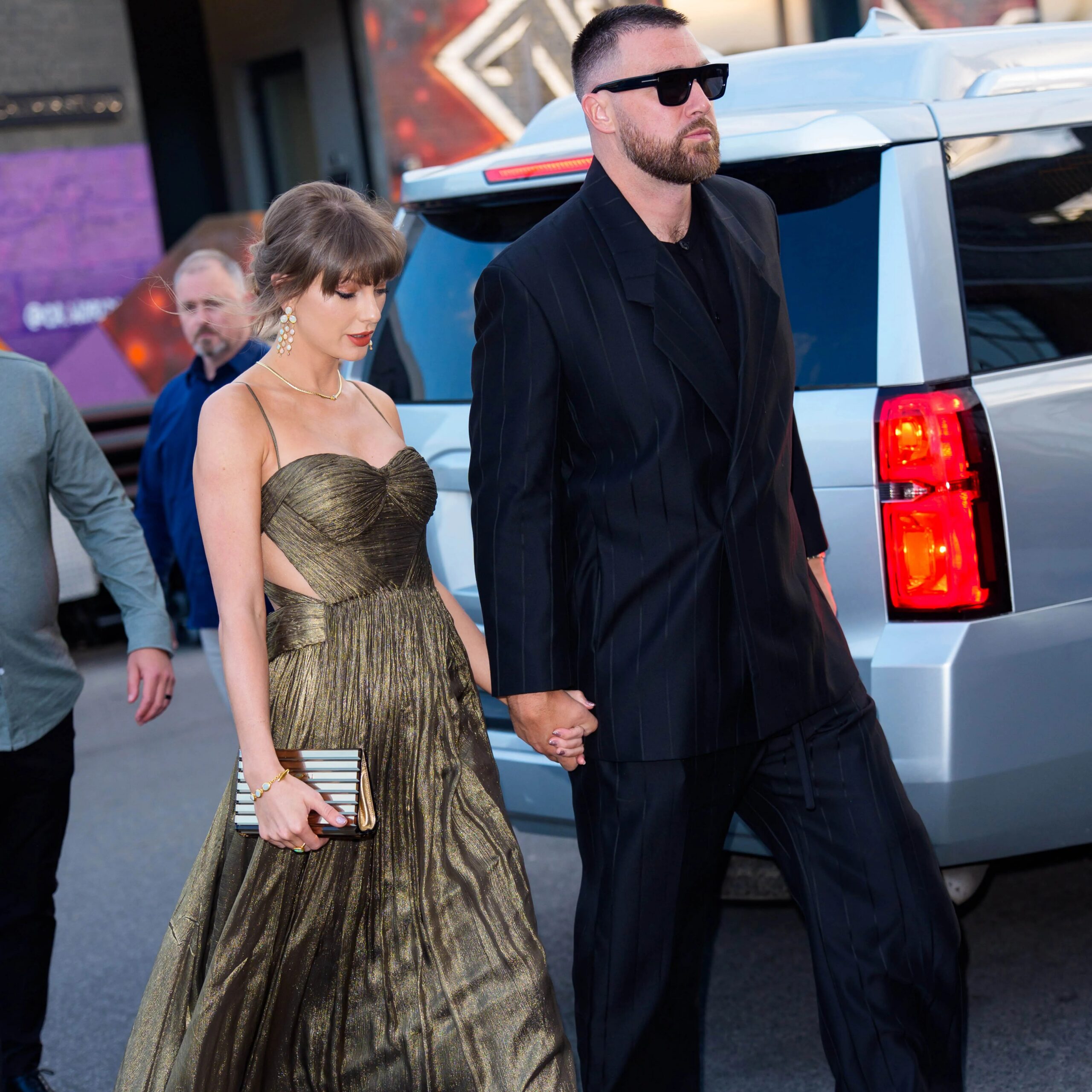 The "Bad Blood" singer and the Kansas City Chiefs star arrived hand in hand at Honey's cocktail bar in Brooklyn. - GC Images