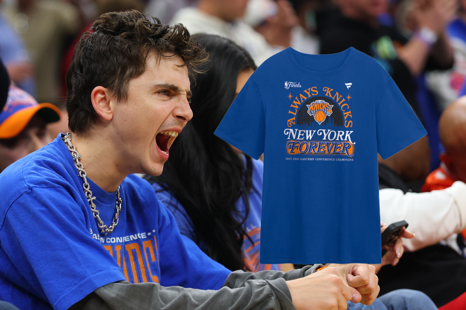 Composite image: Timothee Chalamet courtside in a vintage 1999 Knicks tee and black leather Knicks jacket alongside an overlaid Knicks T-shirt product shot.