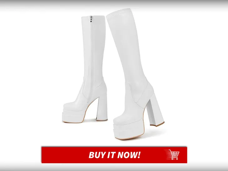 White platform knee-high go-go boots similar to Sabrina Carpenter's stage footwear
